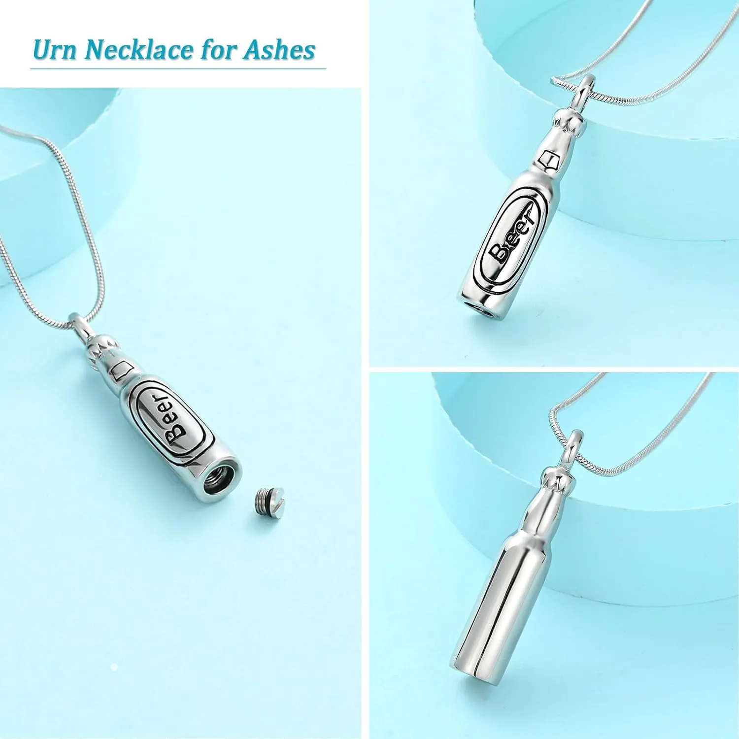 Beer Bottle Urn Necklace for Ashes Bar Cremation Jewelry for Women Men Stainless Steel Memorial Necklaces Ash Pendant for Human Pets Keepsake Jewelry for Loved Ones with Fill Tool