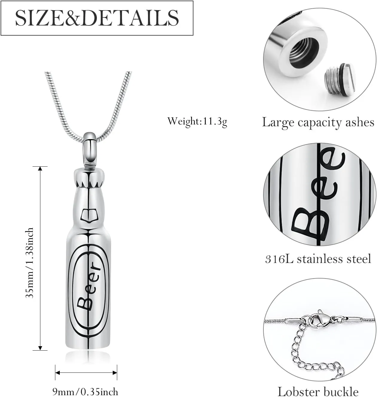 Beer Bottle Urn Necklace for Ashes Bar Cremation Jewelry for Women Men Stainless Steel Memorial Necklaces Ash Pendant for Human Pets Keepsake Jewelry for Loved Ones with Fill Tool
