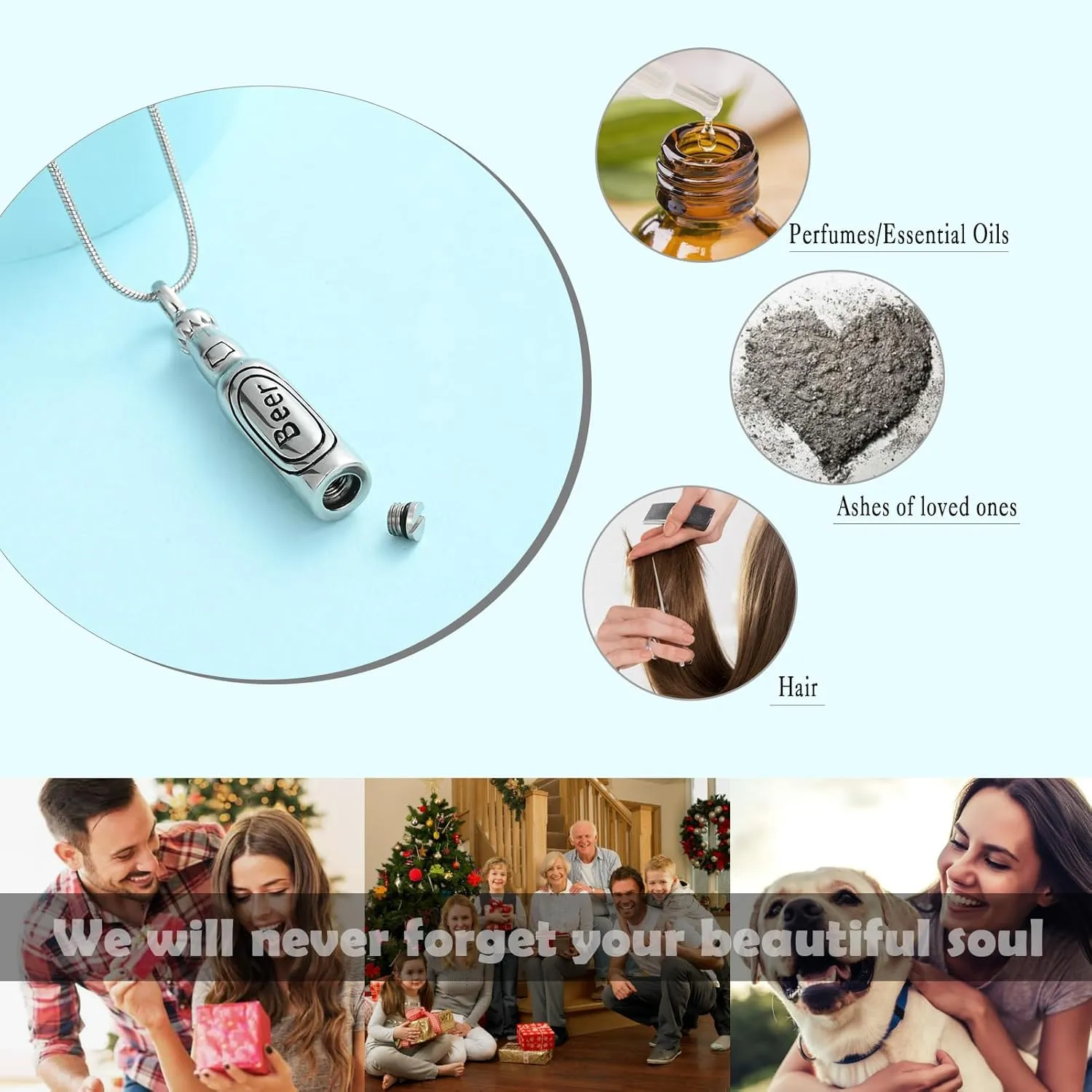 Beer Bottle Urn Necklace for Ashes Bar Cremation Jewelry for Women Men Stainless Steel Memorial Necklaces Ash Pendant for Human Pets Keepsake Jewelry for Loved Ones with Fill Tool