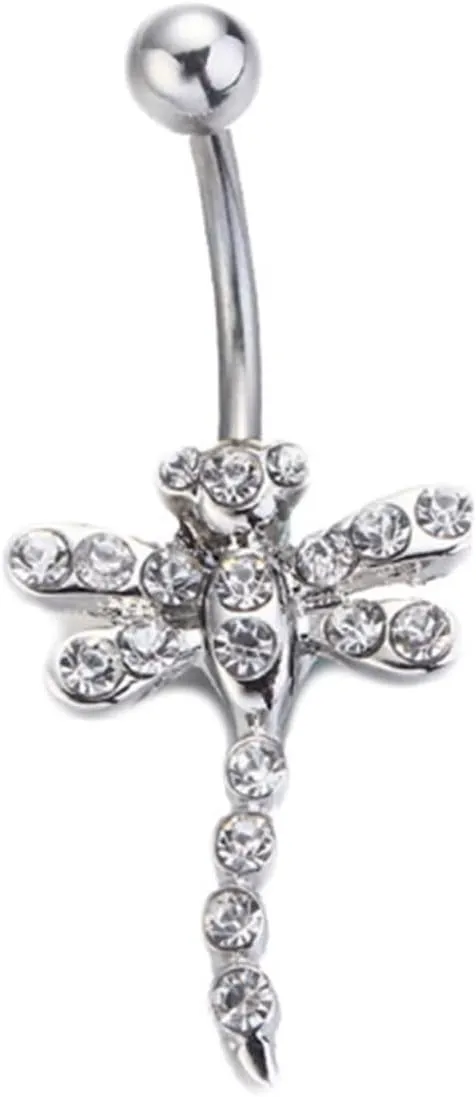Belly Rings Dangling for Women, Belly Button Ring 316L Surgical Steel Navel Ring Stainless Steel Dragonfly Shape with White Cz