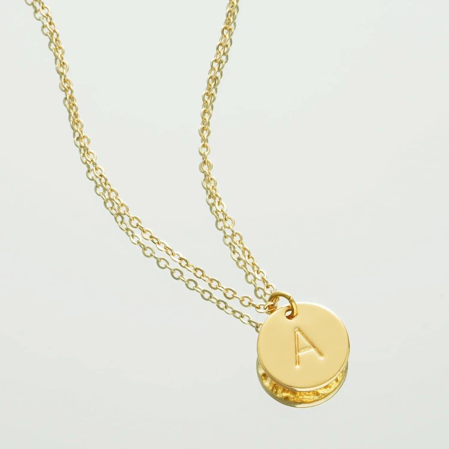 Bemoly Initial Necklace for Women Round 11MM Coin Disc Double Side Engraved Letter A-Z Hammered Pendant 14K Gold Plated Personalized Alphabet Birthday Jewelry 17.5"