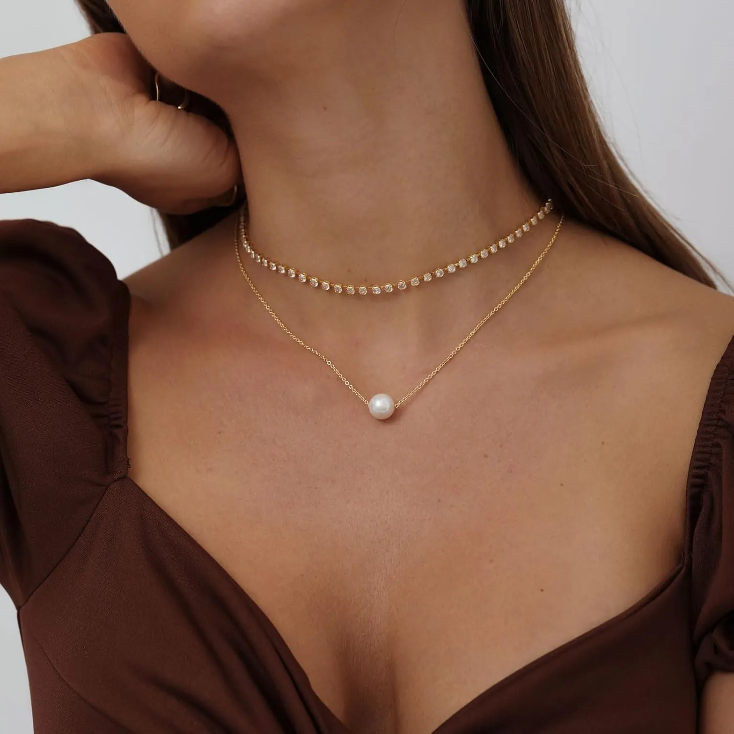 BERISO CZ Diamond Necklace for Women,14K Gold Plated Cubic Zirconia Diamond Dainty Layered Waterdrop Shape Square Pendant Necklace Jewelry Gift for women
