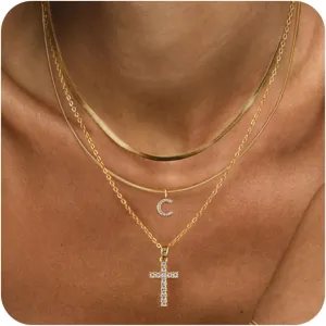 BERISO Gold Layered Initial Cross Necklace, 14K Gold Plated Diamond Initial Cross Pendant Necklace from A-Z Adjustable Layering Choker Necklaces for Women Jewelry Gifts