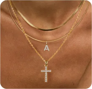 BERISO Gold Layered Initial Cross Necklace, 14K Gold Plated Diamond Initial Cross Pendant Necklace from A-Z Adjustable Layering Choker Necklaces for Women Jewelry Gifts