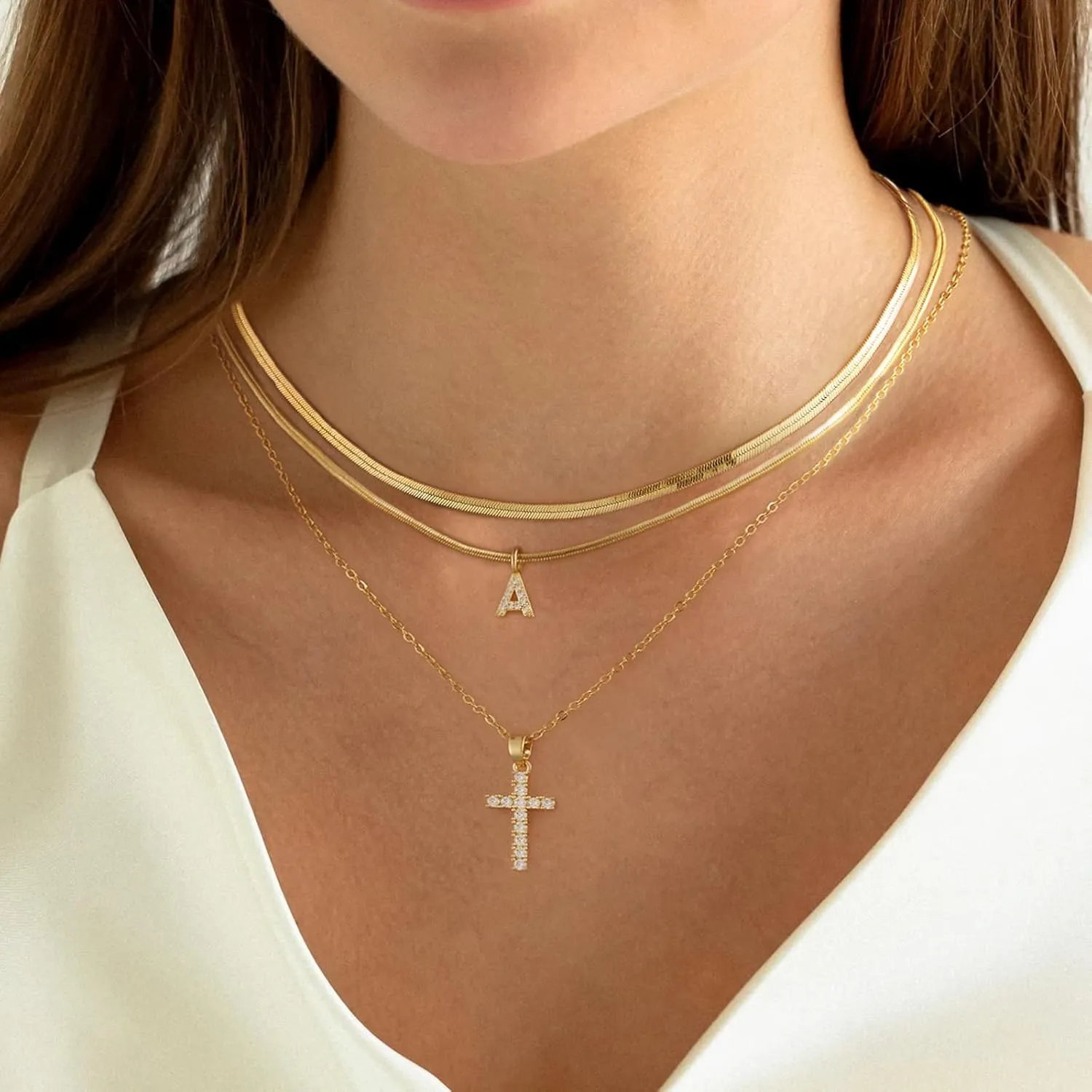 BERISO Gold Layered Initial Cross Necklace, 14K Gold Plated Diamond Initial Cross Pendant Necklace from A-Z Adjustable Layering Choker Necklaces for Women Jewelry Gifts