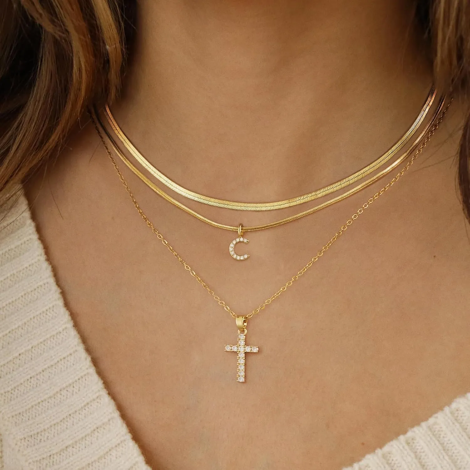 BERISO Gold Layered Initial Cross Necklace, 14K Gold Plated Diamond Initial Cross Pendant Necklace from A-Z Adjustable Layering Choker Necklaces for Women Jewelry Gifts