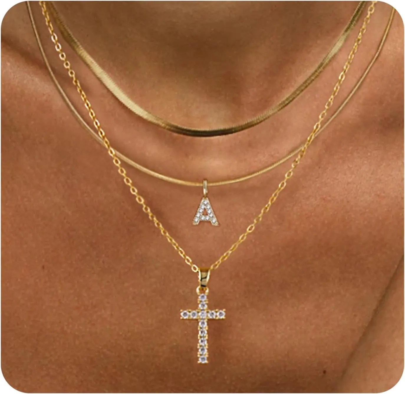 BERISO Gold Layered Initial Cross Necklace, 14K Gold Plated Diamond Initial Cross Pendant Necklace from A-Z Adjustable Layering Choker Necklaces for Women Jewelry Gifts