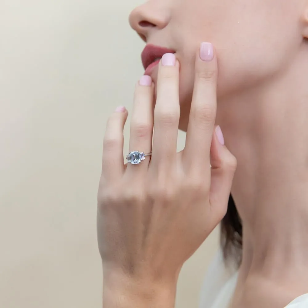 BERRICLE Sterling Silver 3-Stone Wedding Engagement Rings 2.1 Carat Step Emerald Cut Cubic Zirconia CZ Promise Ring for Women, Rhodium Plated Size 4-10