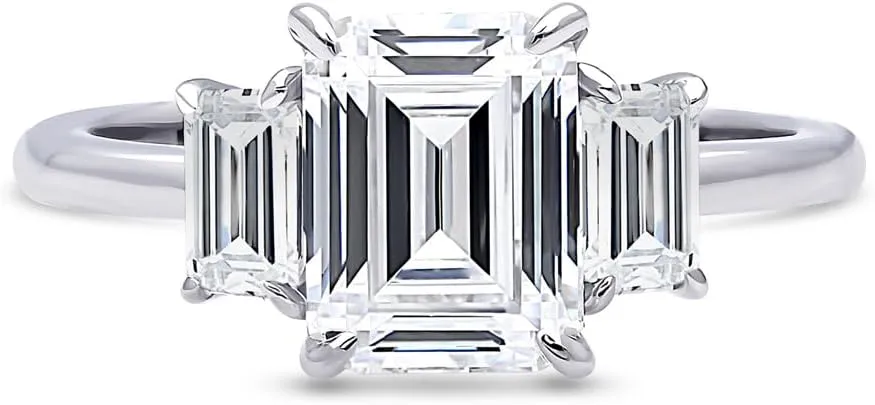 BERRICLE Sterling Silver 3-Stone Wedding Engagement Rings 2.1 Carat Step Emerald Cut Cubic Zirconia CZ Promise Ring for Women, Rhodium Plated Size 4-10