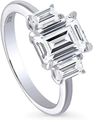BERRICLE Sterling Silver 3-Stone Wedding Engagement Rings 2.1 Carat Step Emerald Cut Cubic Zirconia CZ Promise Ring for Women, Rhodium Plated Size 4-10