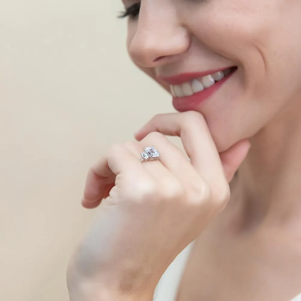 BERRICLE Sterling Silver 3-Stone Wedding Engagement Rings 2.1 Carat Step Emerald Cut Cubic Zirconia CZ Promise Ring for Women, Rhodium Plated Size 4-10