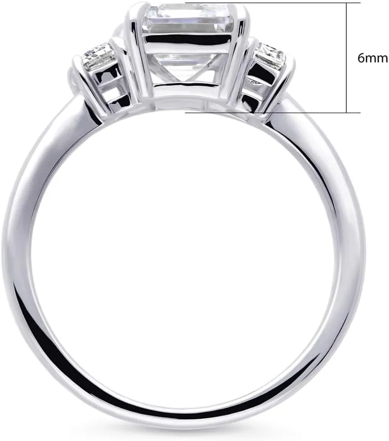 BERRICLE Sterling Silver 3-Stone Wedding Engagement Rings 2.1 Carat Step Emerald Cut Cubic Zirconia CZ Promise Ring for Women, Rhodium Plated Size 4-10