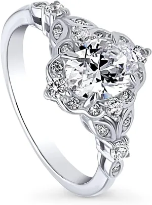 BERRICLE Sterling Silver Halo Wedding Engagement Rings Oval Cut Cubic Zirconia CZ Vintage Inspired Art Deco Ring for Women, Rhodium Plated Size 4-10