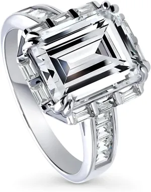 BERRICLE Sterling Silver Halo Wedding Engagement Rings Step Emerald Cut Cubic Zirconia CZ Vintage Inspired Art Deco Ring for Women, Rhodium Plated Size 4-10