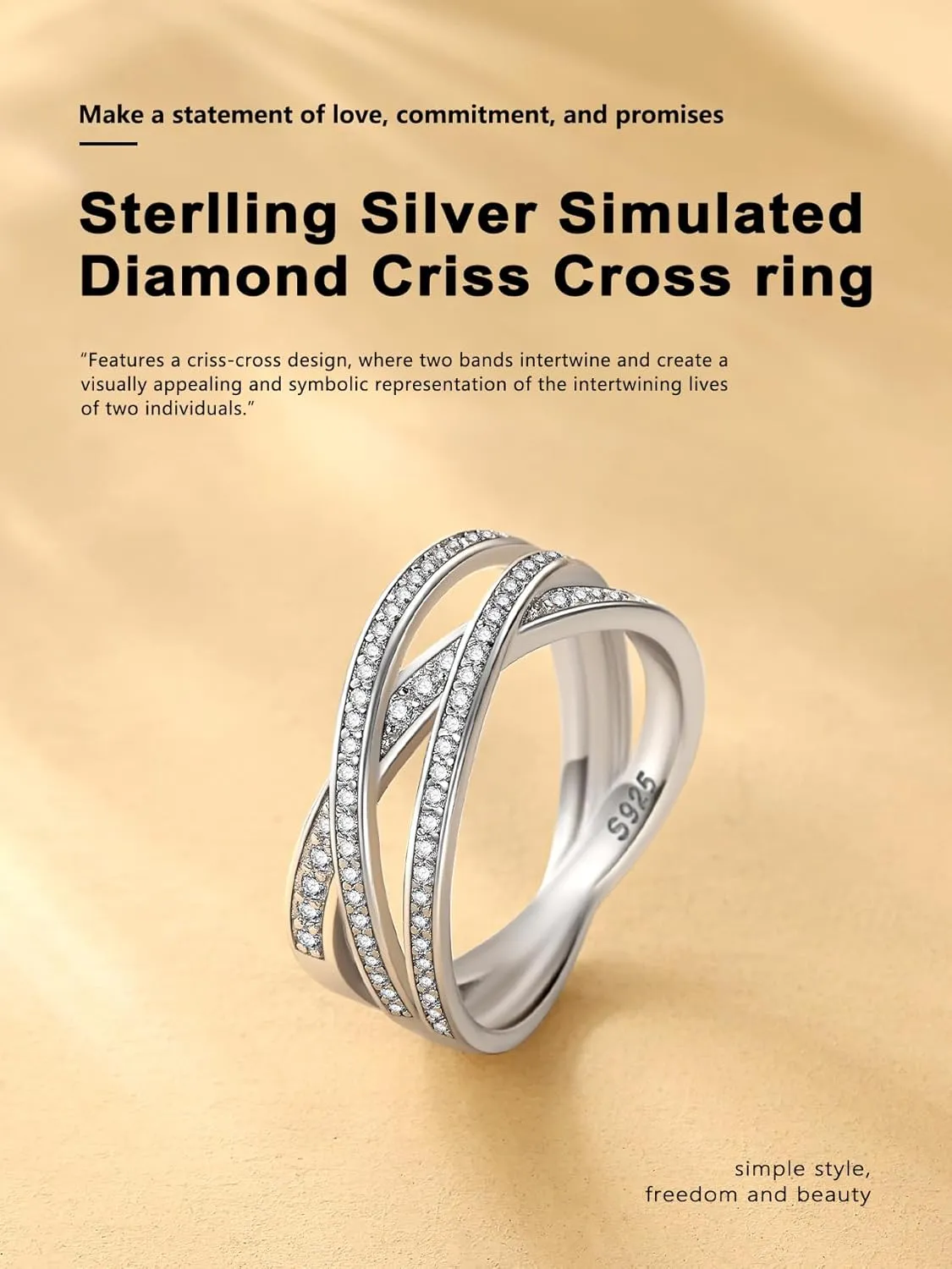 Bestyle 925 Sterling Silver Simulated Diamond CZ Criss Cross Ring for Women, Infinity Love Statement Rings CZ Eternity Engagement Wedding Band Ring for Her