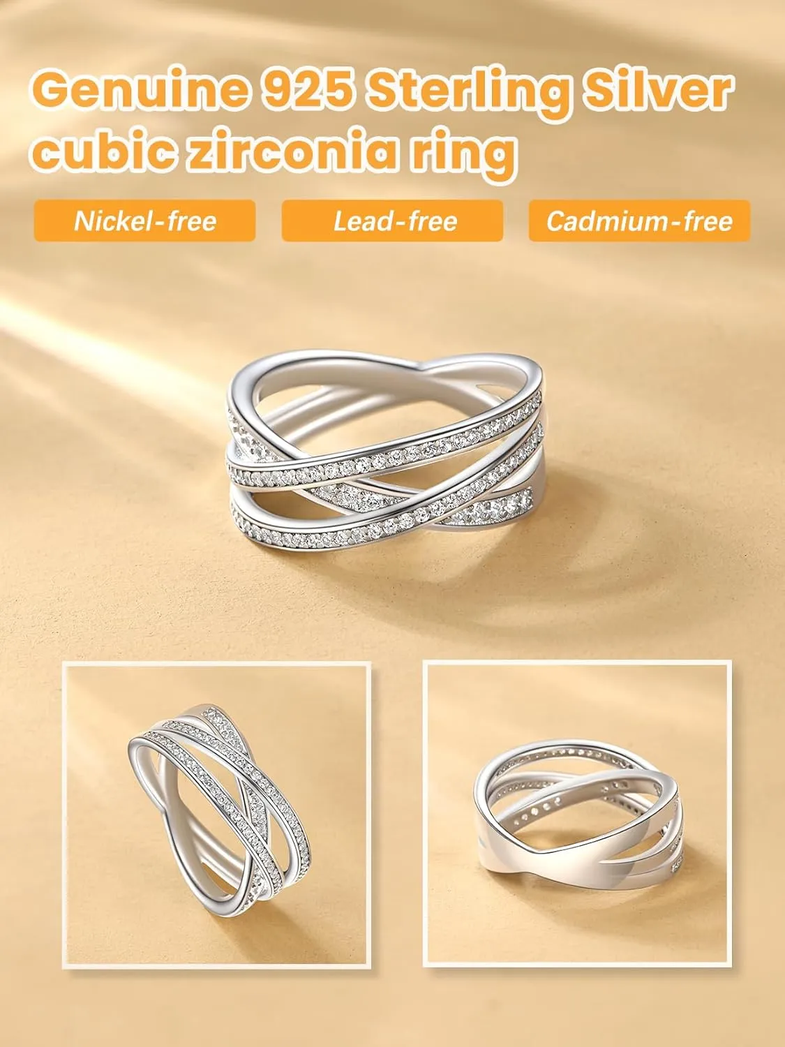 Bestyle 925 Sterling Silver Simulated Diamond CZ Criss Cross Ring for Women, Infinity Love Statement Rings CZ Eternity Engagement Wedding Band Ring for Her