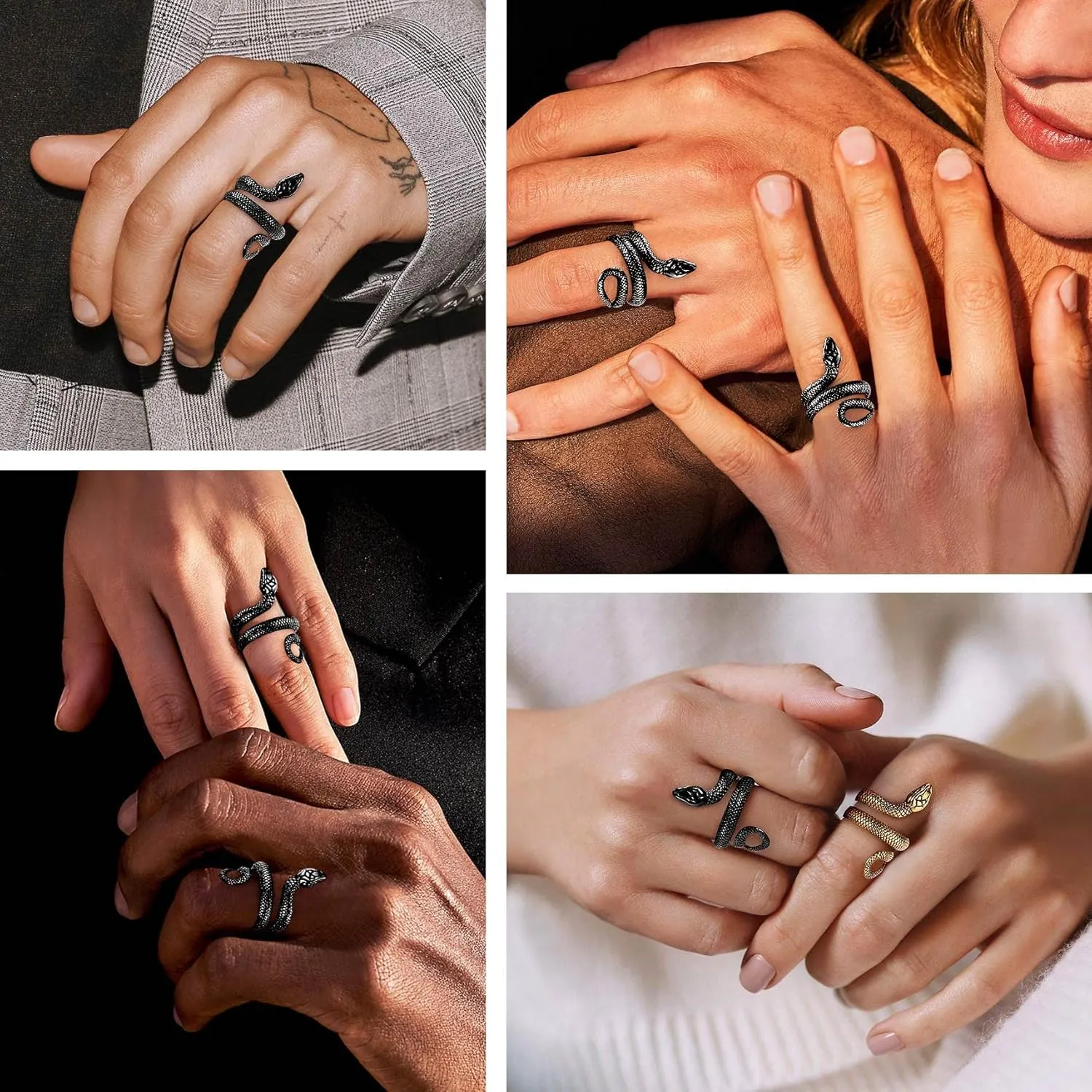 Bestyle Punk Gothic Snake Rings for Men Women, Stainless Steel/Gold/Black Serpent Finger Wrap Ring, Cool Statement Biker Rings Retro Costumes Jewelry, Size #7-#12