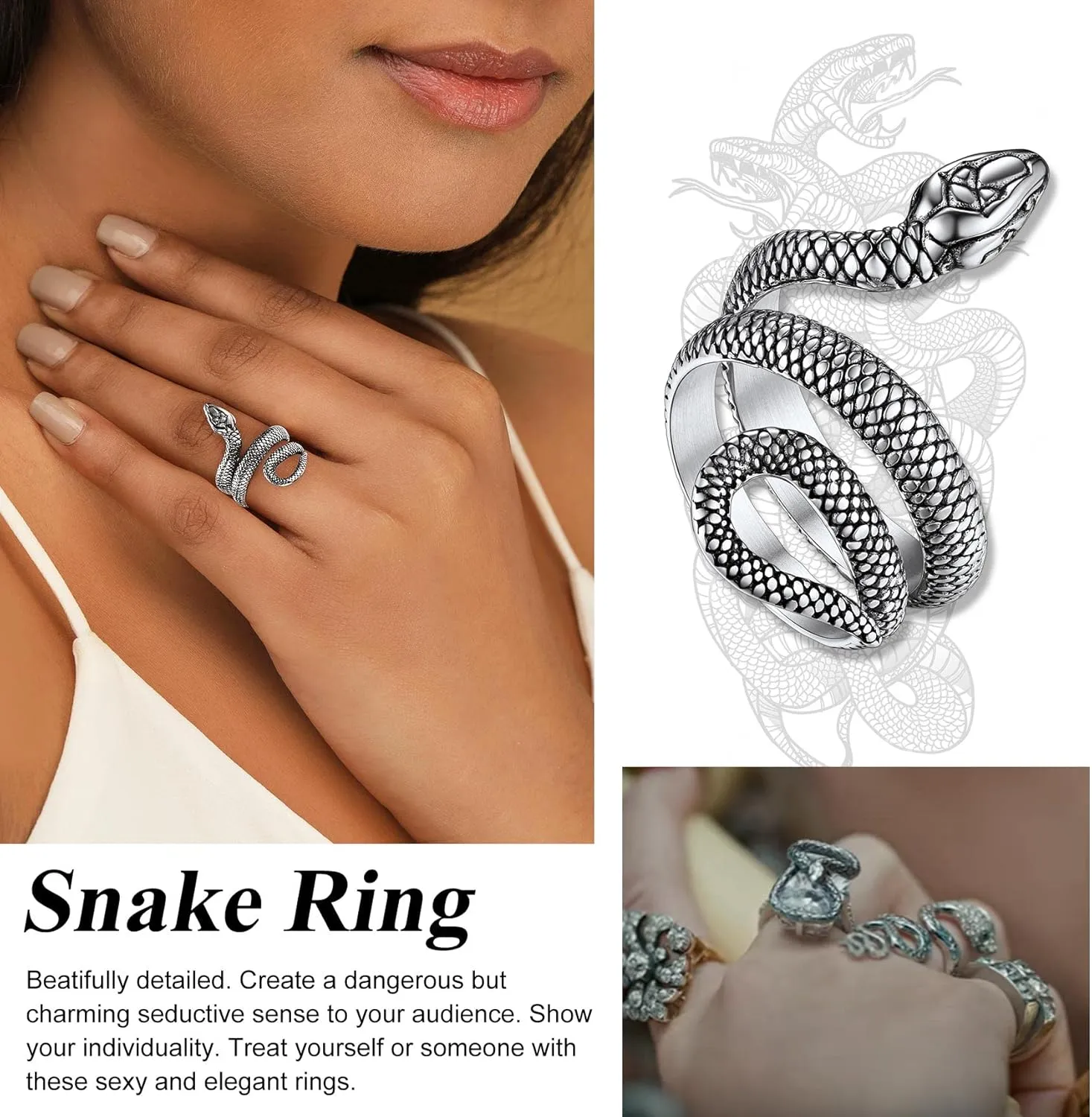 Bestyle Punk Gothic Snake Rings for Men Women, Stainless Steel/Gold/Black Serpent Finger Wrap Ring, Cool Statement Biker Rings Retro Costumes Jewelry, Size #7-#12