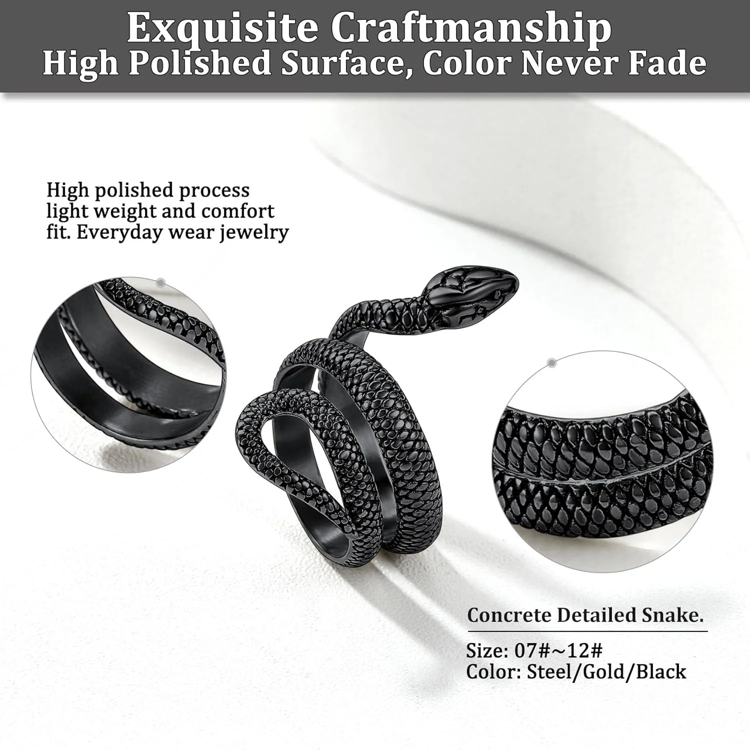 Bestyle Punk Gothic Snake Rings for Men Women, Stainless Steel/Gold/Black Serpent Finger Wrap Ring, Cool Statement Biker Rings Retro Costumes Jewelry, Size #7-#12