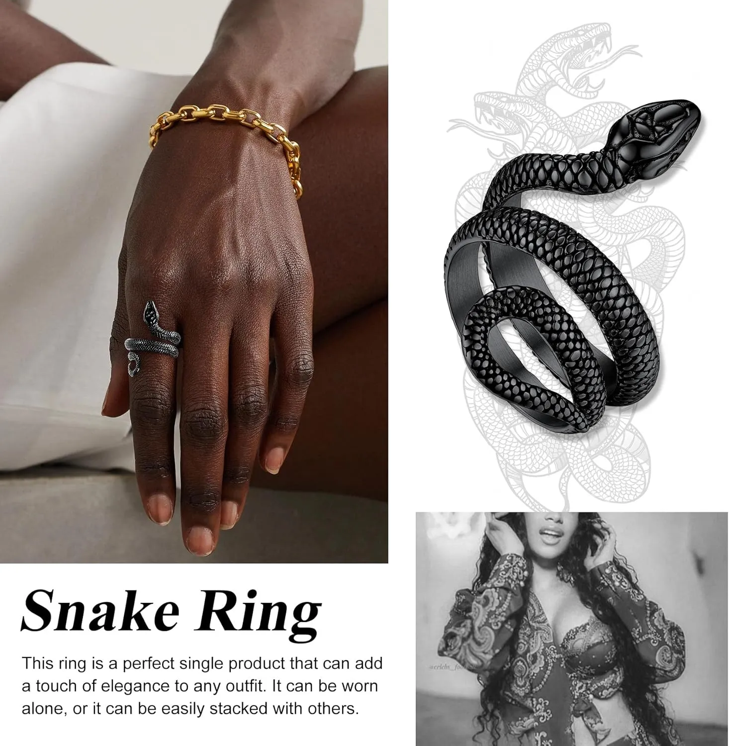 Bestyle Punk Gothic Snake Rings for Men Women, Stainless Steel/Gold/Black Serpent Finger Wrap Ring, Cool Statement Biker Rings Retro Costumes Jewelry, Size #7-#12