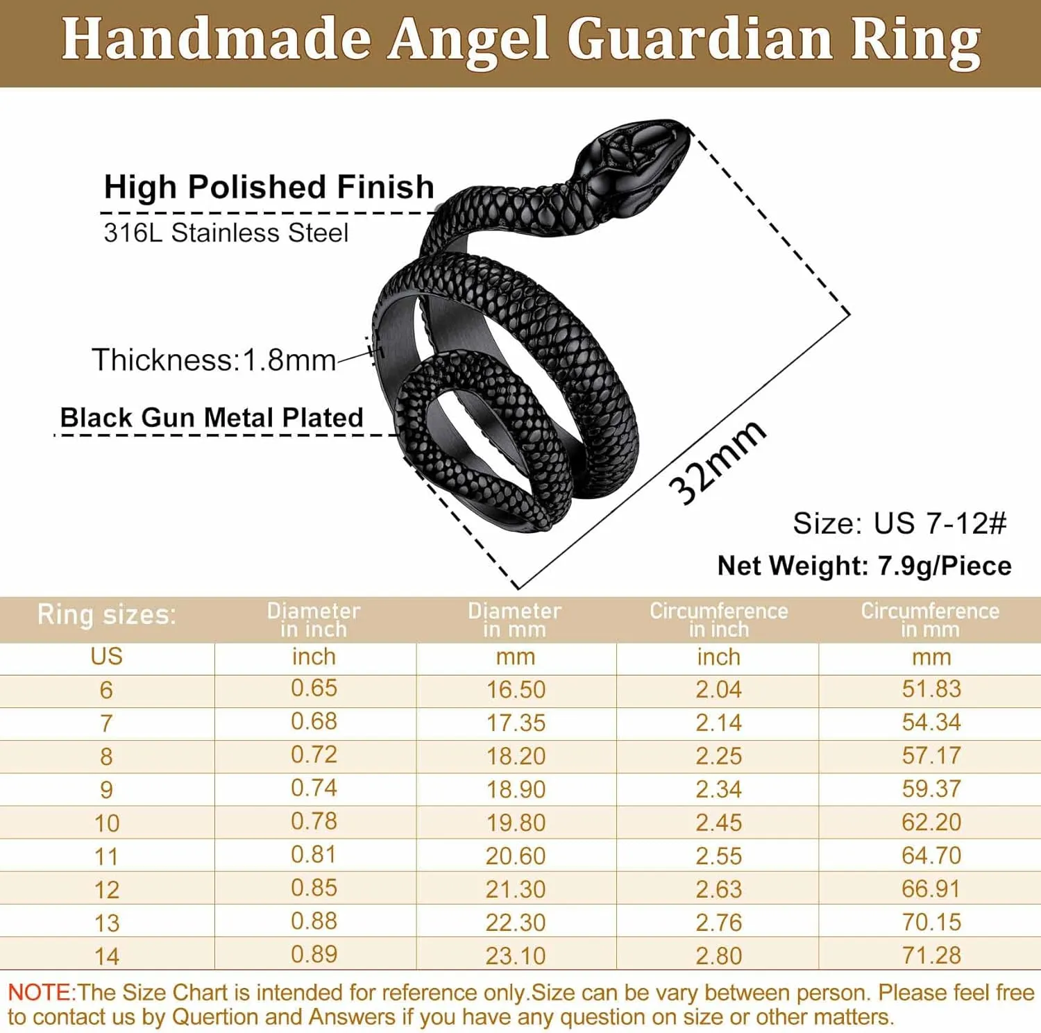 Bestyle Punk Gothic Snake Rings for Men Women, Stainless Steel/Gold/Black Serpent Finger Wrap Ring, Cool Statement Biker Rings Retro Costumes Jewelry, Size #7-#12