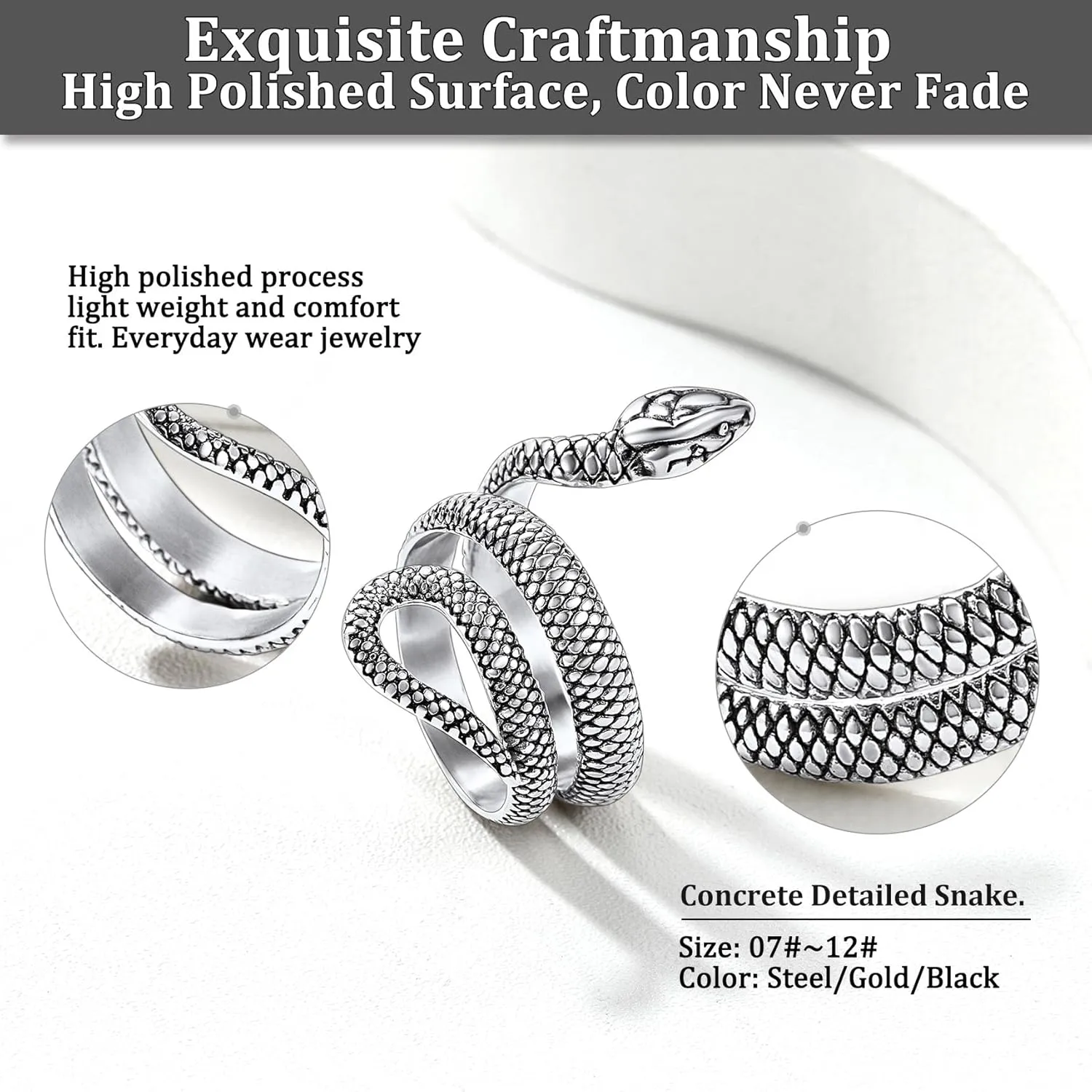 Bestyle Punk Gothic Snake Rings for Men Women, Stainless Steel/Gold/Black Serpent Finger Wrap Ring, Cool Statement Biker Rings Retro Costumes Jewelry, Size #7-#12