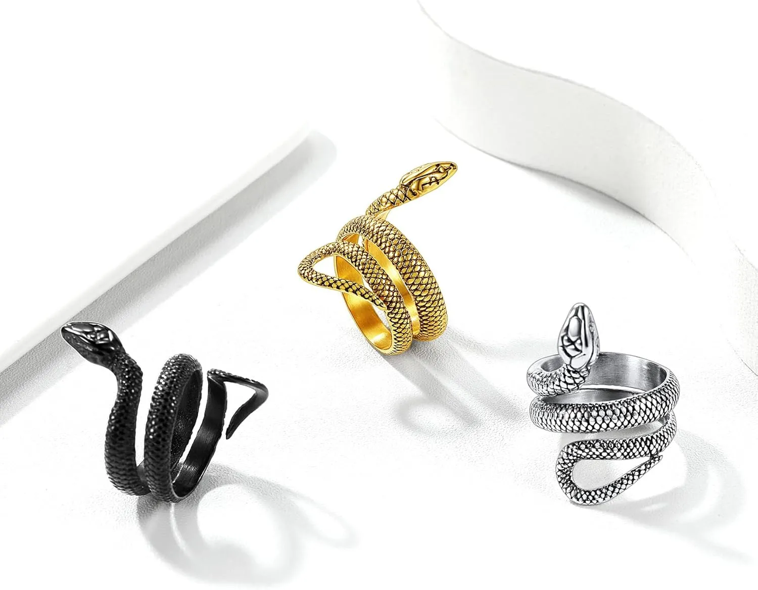 Bestyle Punk Gothic Snake Rings for Men Women, Stainless Steel/Gold/Black Serpent Finger Wrap Ring, Cool Statement Biker Rings Retro Costumes Jewelry, Size #7-#12