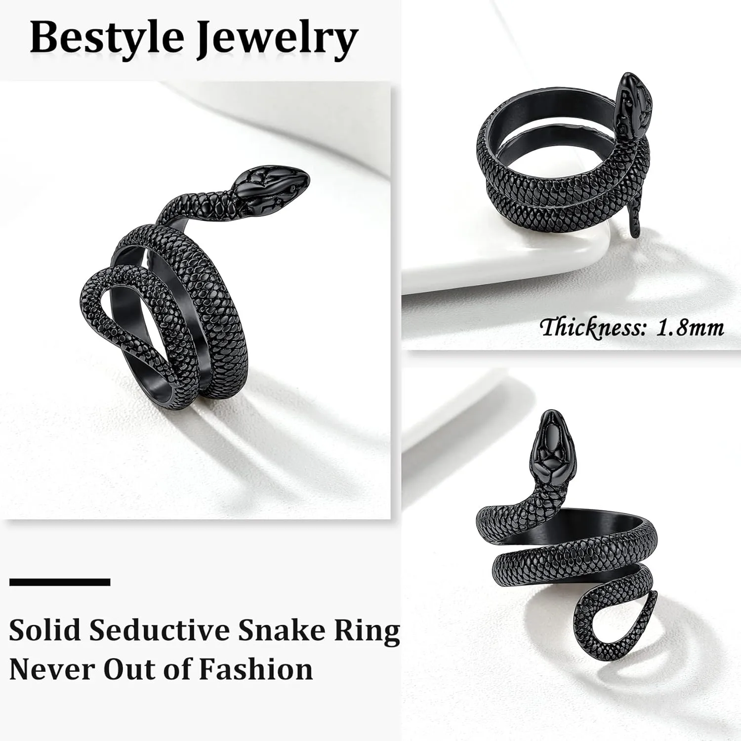 Bestyle Punk Gothic Snake Rings for Men Women, Stainless Steel/Gold/Black Serpent Finger Wrap Ring, Cool Statement Biker Rings Retro Costumes Jewelry, Size #7-#12