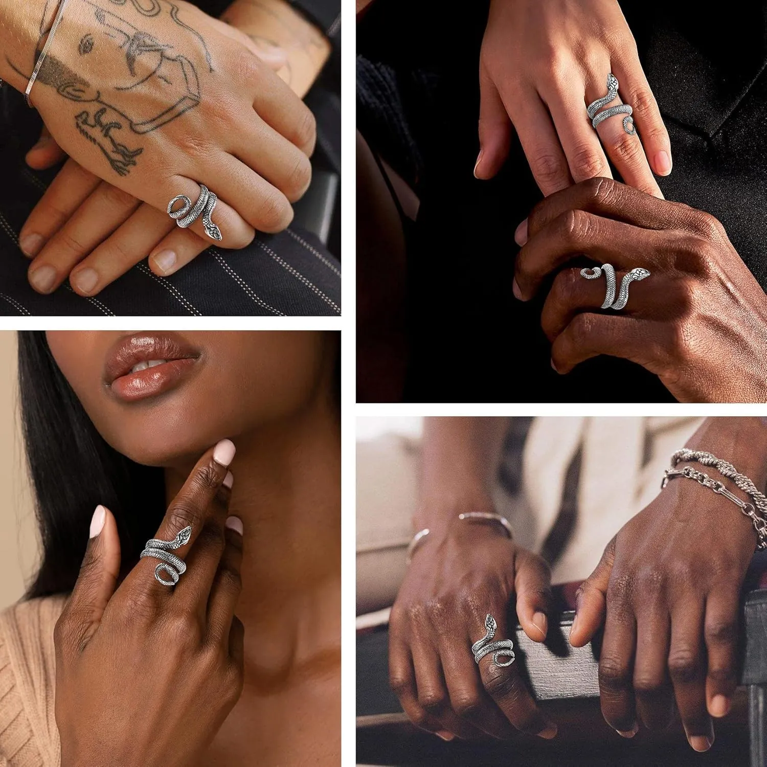 Bestyle Punk Gothic Snake Rings for Men Women, Stainless Steel/Gold/Black Serpent Finger Wrap Ring, Cool Statement Biker Rings Retro Costumes Jewelry, Size #7-#12