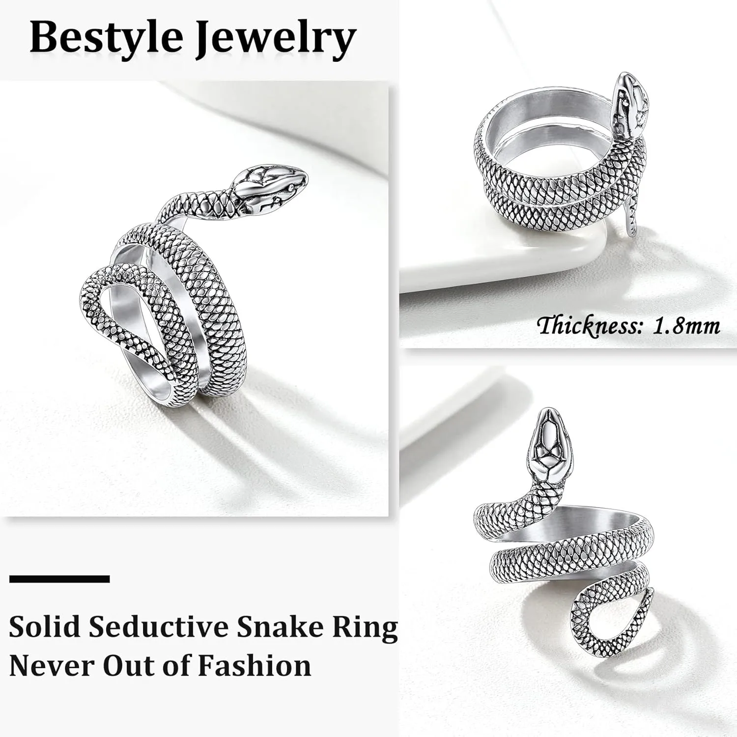 Bestyle Punk Gothic Snake Rings for Men Women, Stainless Steel/Gold/Black Serpent Finger Wrap Ring, Cool Statement Biker Rings Retro Costumes Jewelry, Size #7-#12