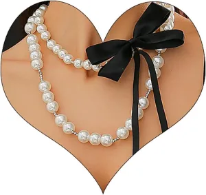 Bethynas Baroque Pearl Beads Choker Necklace with Bow Boho Beaded Bowknot Neck Chain Bridal Wedding Party Pearl Neck Jewelry for Women