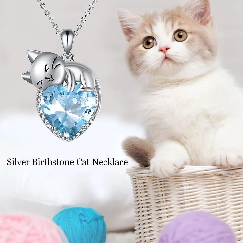 Birthstone Cat Necklace Sterling Silver Crystal Cat Pendant Jewelry Birthday Gift for Women Wife Mother