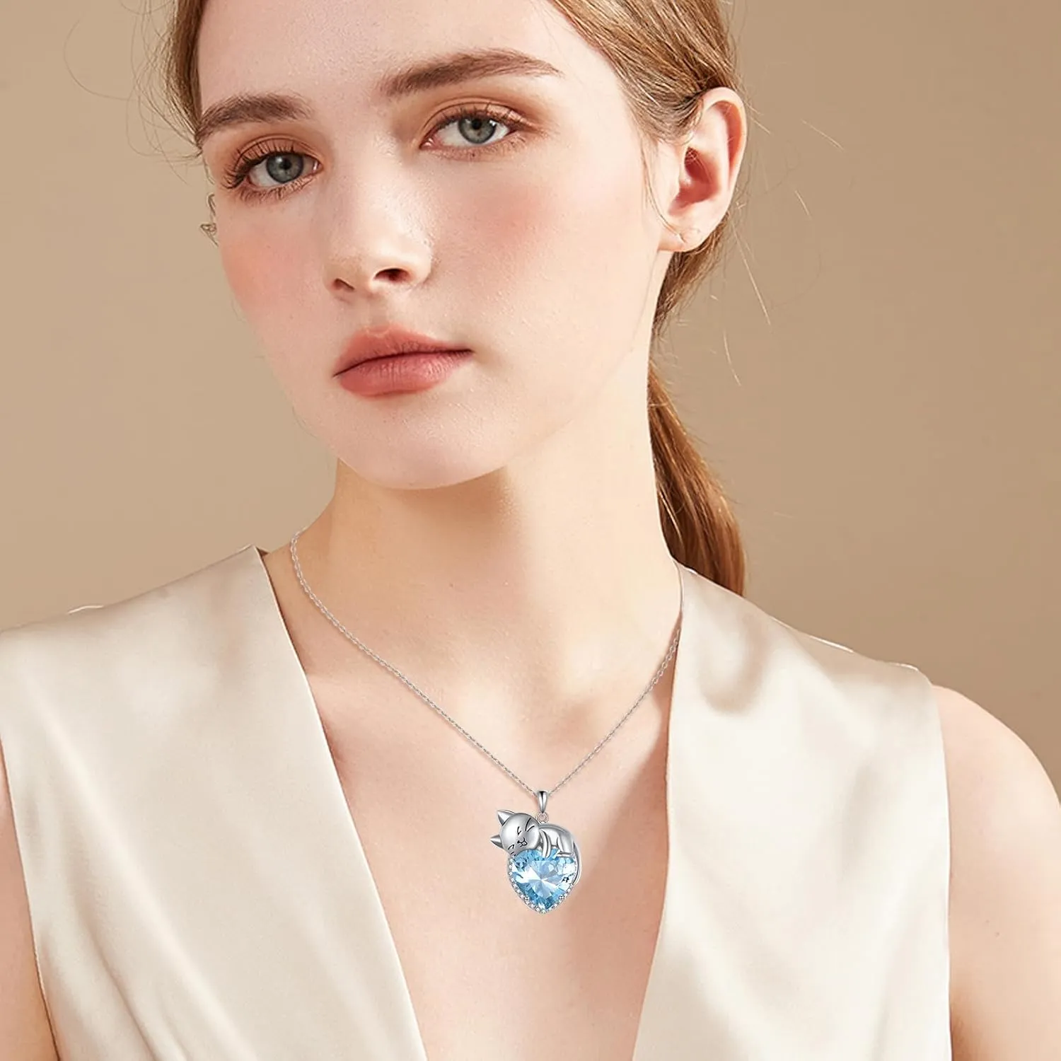 Birthstone Cat Necklace Sterling Silver Crystal Cat Pendant Jewelry Birthday Gift for Women Wife Mother