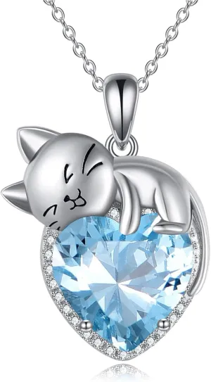 Birthstone Cat Necklace Sterling Silver Crystal Cat Pendant Jewelry Birthday Gift for Women Wife Mother