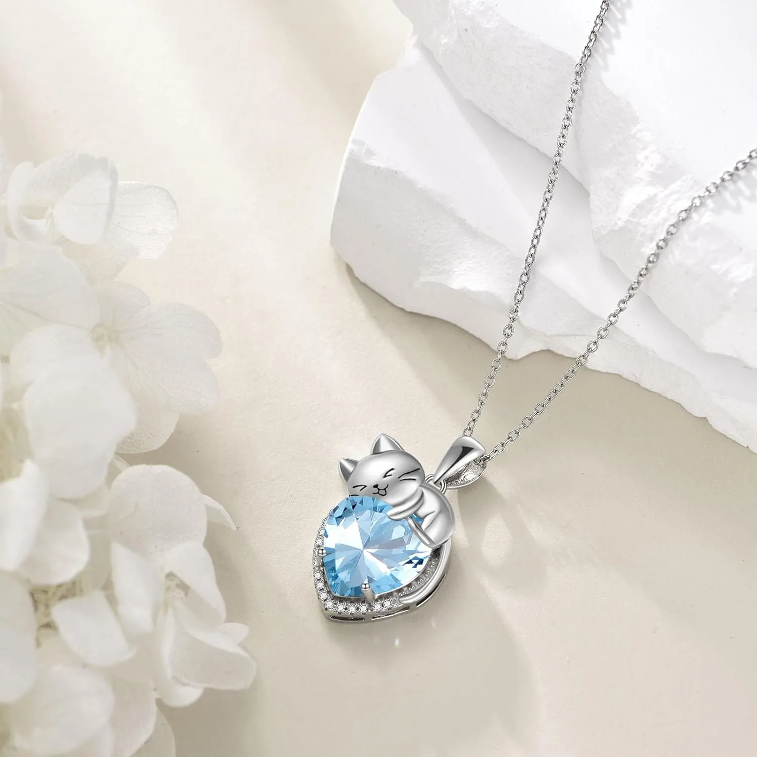 Birthstone Cat Necklace Sterling Silver Crystal Cat Pendant Jewelry Birthday Gift for Women Wife Mother