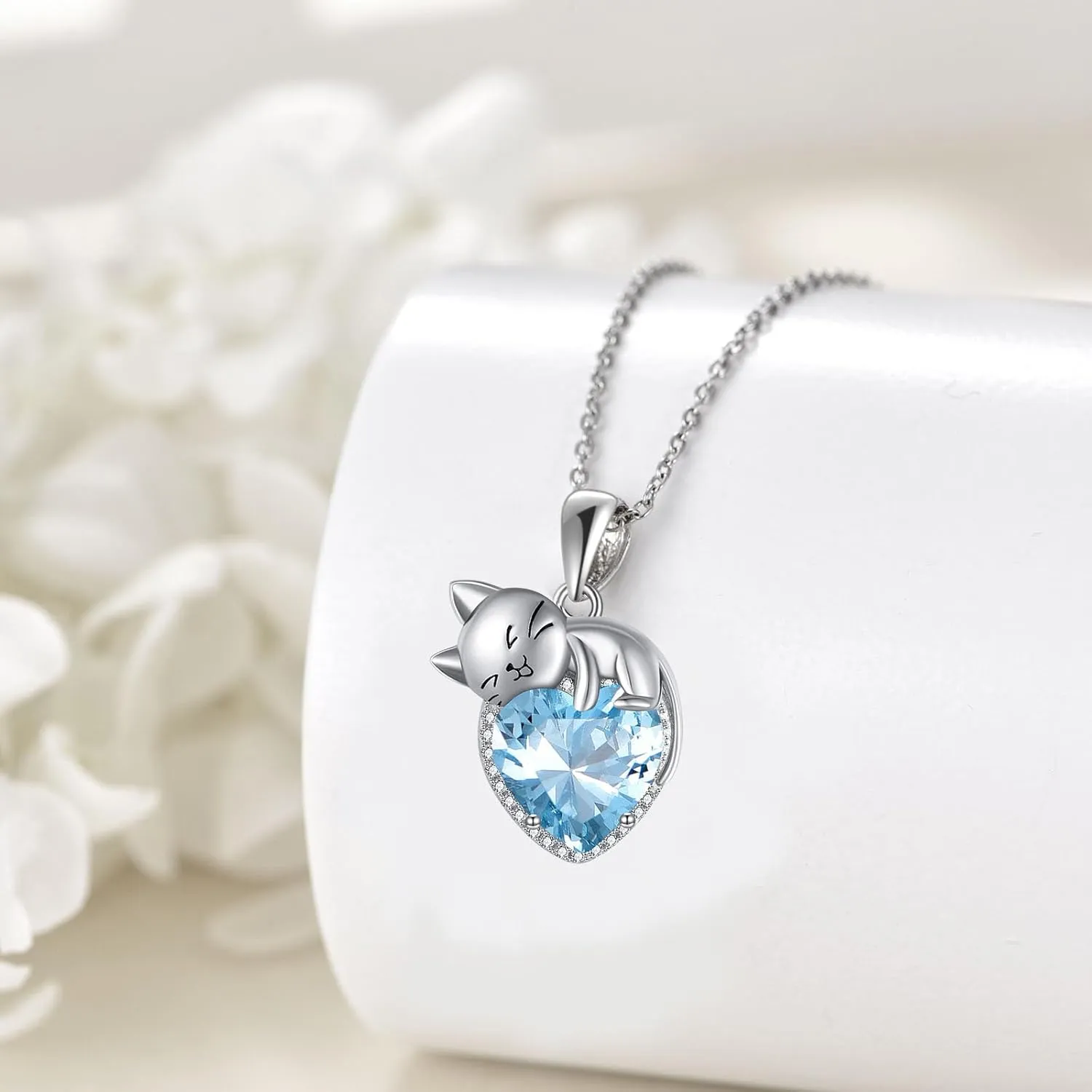 Birthstone Cat Necklace Sterling Silver Crystal Cat Pendant Jewelry Birthday Gift for Women Wife Mother