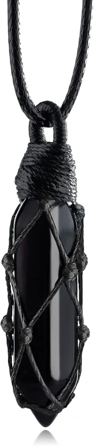 Black Obsidian Healing Crystal Points Necklace Adjustable Rope Hexagonal Wrapped Braided Stone Pendant Necklace Handmade Gemstone Jewelry for Men Women