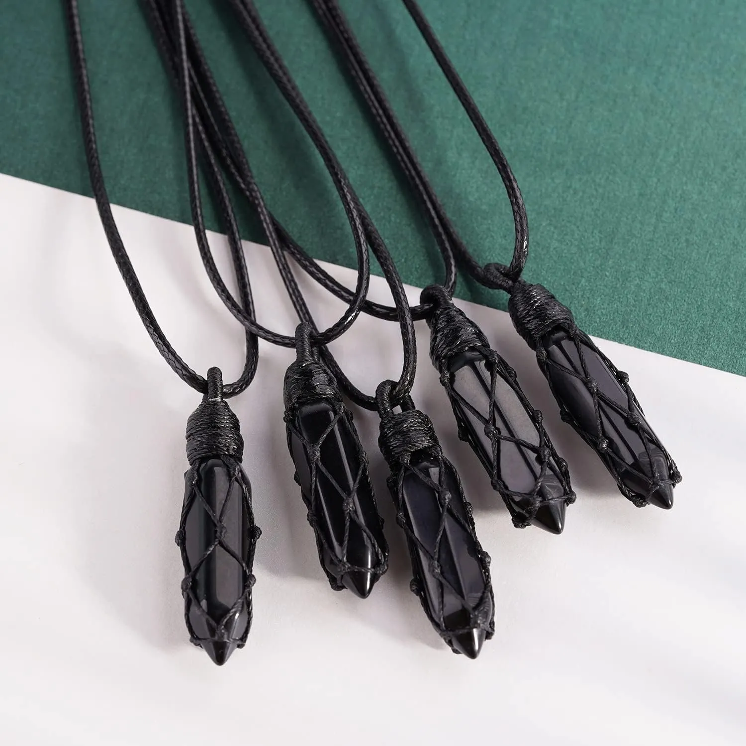 Black Obsidian Healing Crystal Points Necklace Adjustable Rope Hexagonal Wrapped Braided Stone Pendant Necklace Handmade Gemstone Jewelry for Men Women