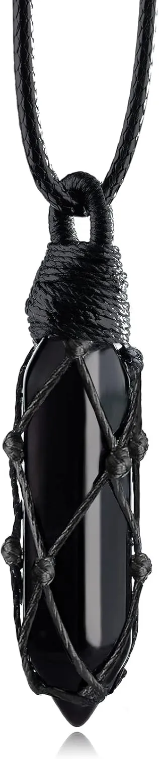 Black Obsidian Healing Crystal Points Necklace Adjustable Rope Hexagonal Wrapped Braided Stone Pendant Necklace Handmade Gemstone Jewelry for Men Women