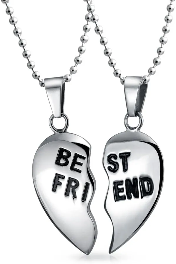 Bling Jewelry Personalized BFF Best Friend Heart Pendant Necklace for Women and Teens 2 Puzzle Piece Design Silver Tone Stainless Steel