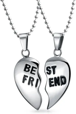 Bling Jewelry Personalized BFF Best Friend Heart Pendant Necklace for Women and Teens 2 Puzzle Piece Design Silver Tone Stainless Steel