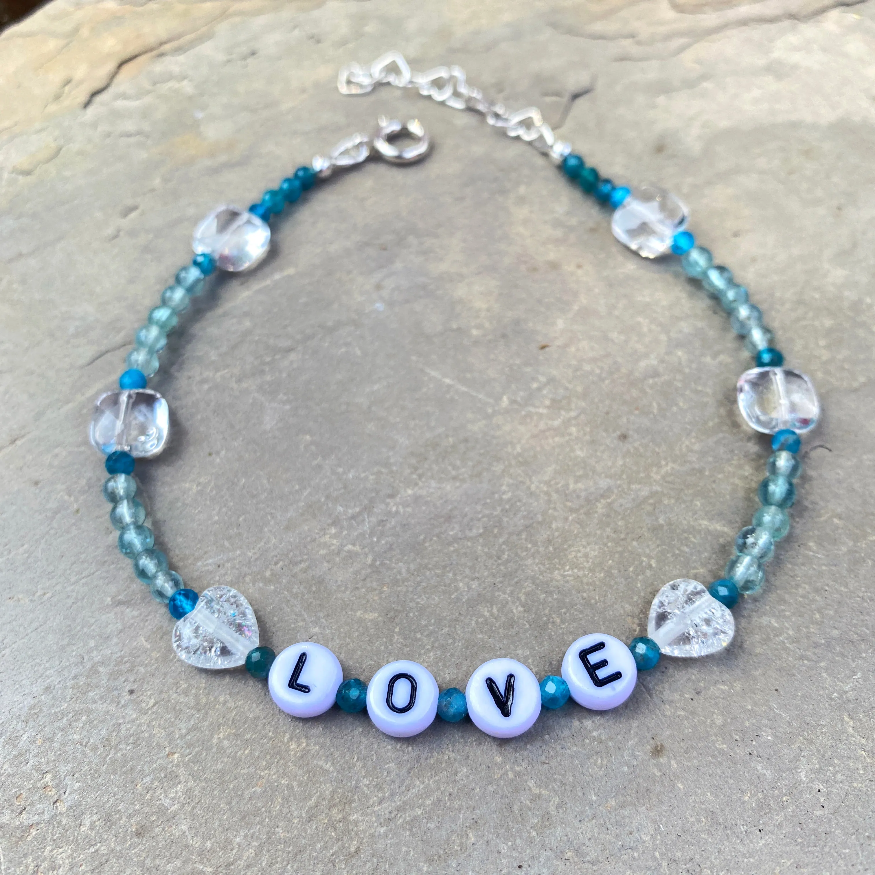 Blue Apatite “LOVE” anklet with Clear Quartz Gemstone heart beads