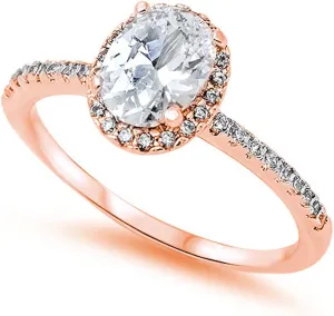 Blue Apple Co. Accent Halo Wedding Promise Ring Oval Cut Cubic Zirconia Round CZ Rose Tone Plated 925 Sterling Silver