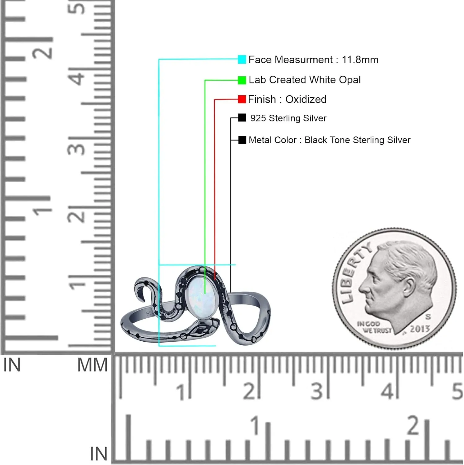 Blue Apple Co. Petite Dainty 11.8mm Oval Gemstone Snake Ring Oxidized Engraved Vintage Style Statement Thumb Rings For Women 925 Sterling Silver Gift For Her