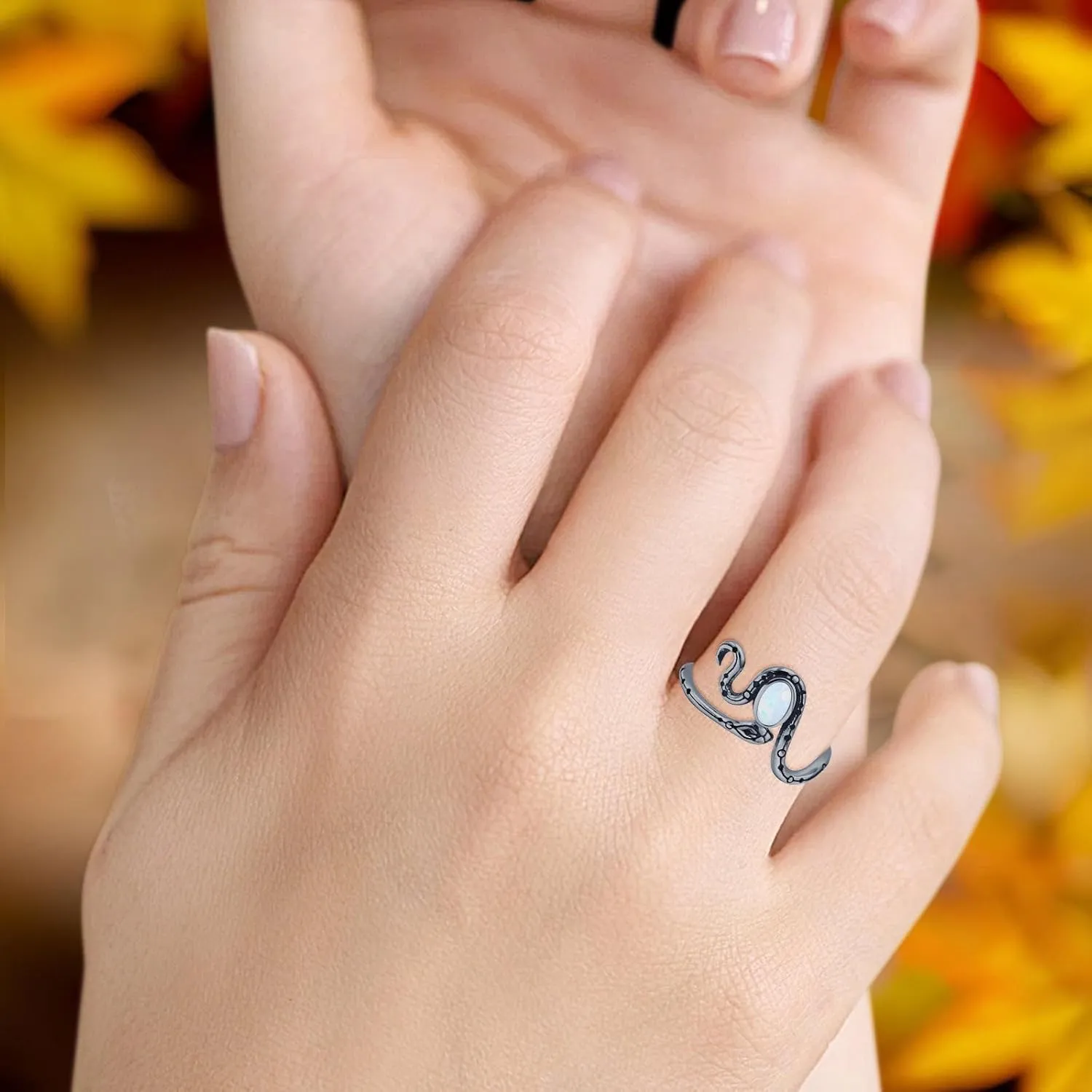 Blue Apple Co. Petite Dainty 11.8mm Oval Gemstone Snake Ring Oxidized Engraved Vintage Style Statement Thumb Rings For Women 925 Sterling Silver Gift For Her
