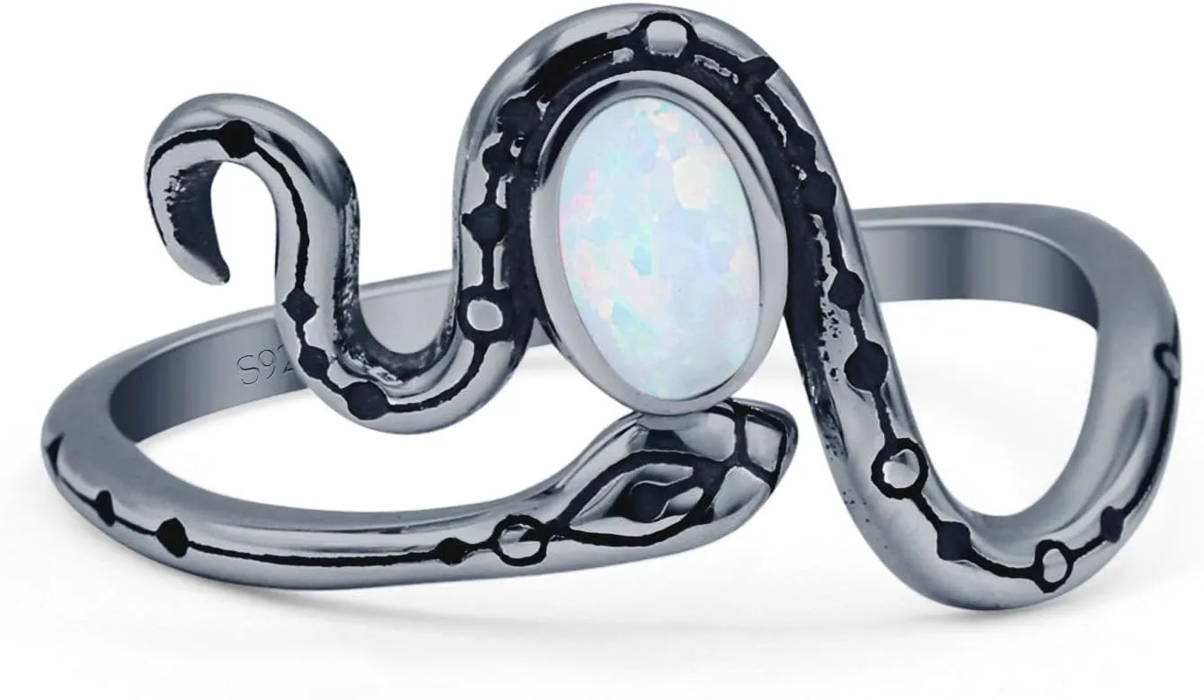 Blue Apple Co. Petite Dainty 11.8mm Oval Gemstone Snake Ring Oxidized Engraved Vintage Style Statement Thumb Rings For Women 925 Sterling Silver Gift For Her