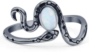 Blue Apple Co. Petite Dainty 11.8mm Oval Gemstone Snake Ring Oxidized Engraved Vintage Style Statement Thumb Rings For Women 925 Sterling Silver Gift For Her