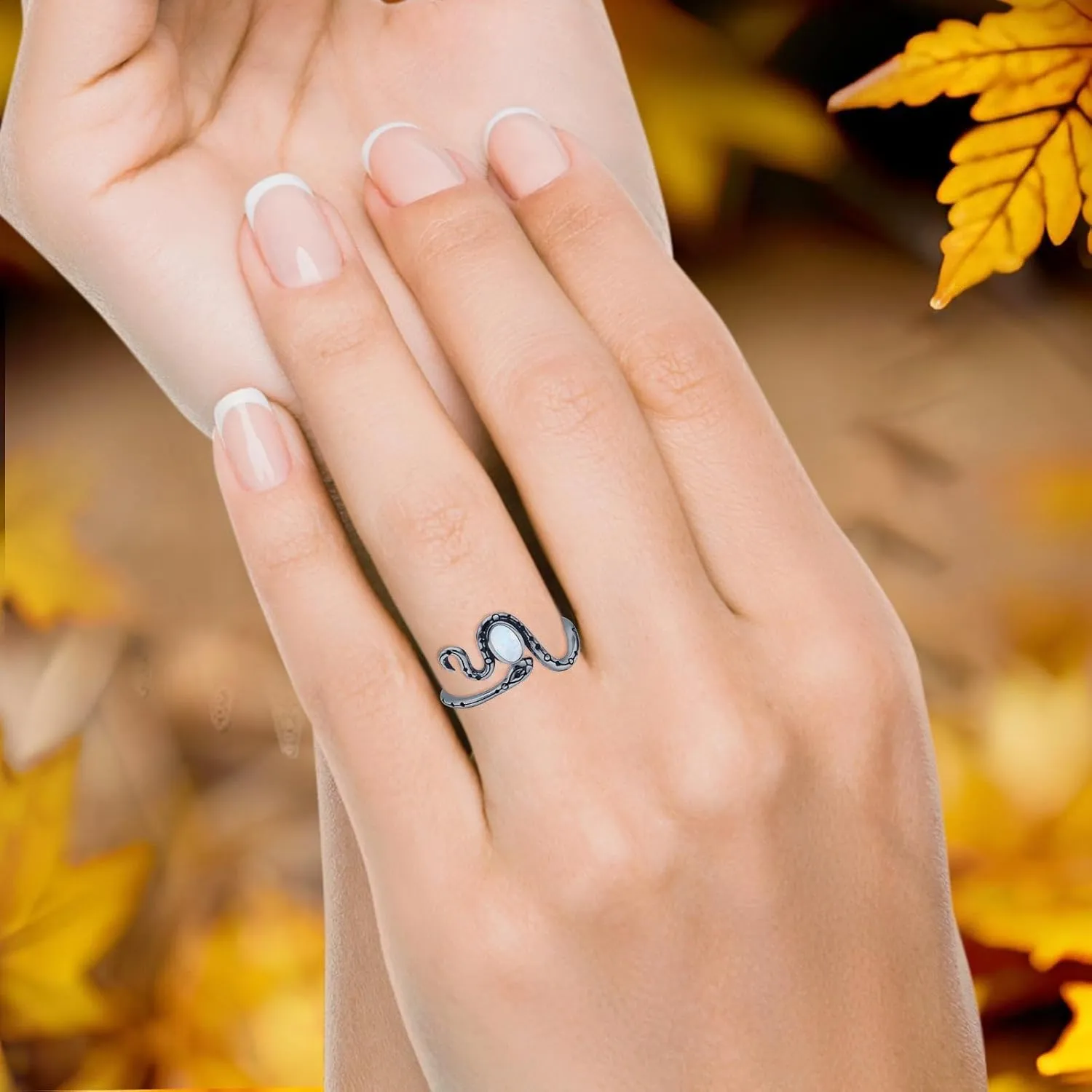 Blue Apple Co. Petite Dainty 11.8mm Oval Gemstone Snake Ring Oxidized Engraved Vintage Style Statement Thumb Rings For Women 925 Sterling Silver Gift For Her
