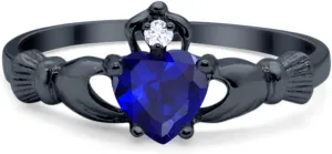 Blue sapphire CZ Size-Black CZ Art Deco Ring Irish Claddagh Promise Ring 9mm Heart Shape CZ Crown Vintage Style Statement Wedding Engagement Rings For Women 925 Sterling Silver Gifts For Her