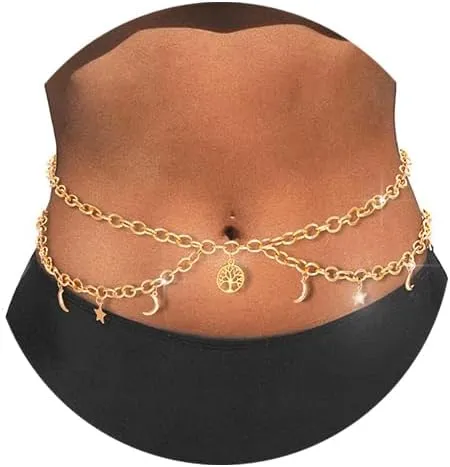 Bodiy Gold Belly Body Chain for Women Star Moon Waist Chains Layered Bikini Belly Jewelry Beach Body Accessory